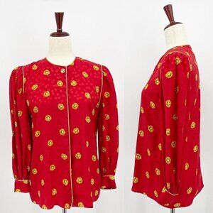 Vintage 80s/ 90s Red & Gold Floral Puff Sleeve Silk Blouse